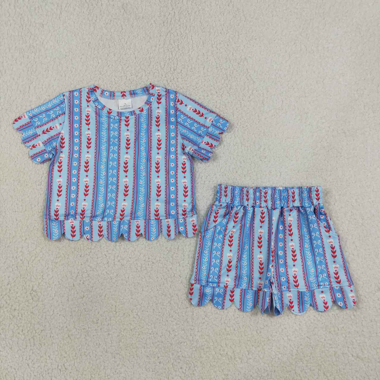Red flowers top matching shorts girl summer clothes