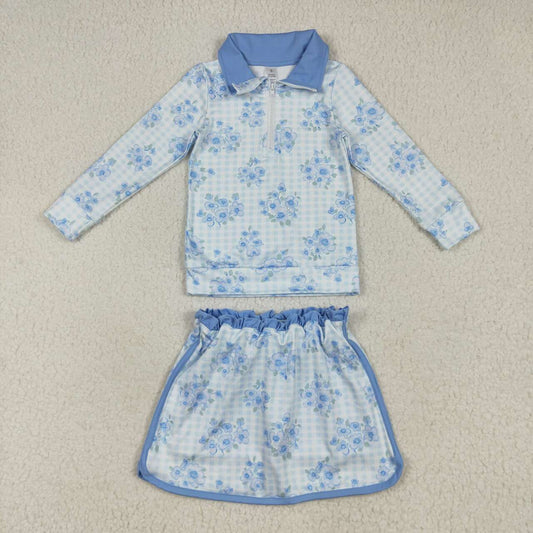 Blue flowers girls yoga active wear skort outfit
