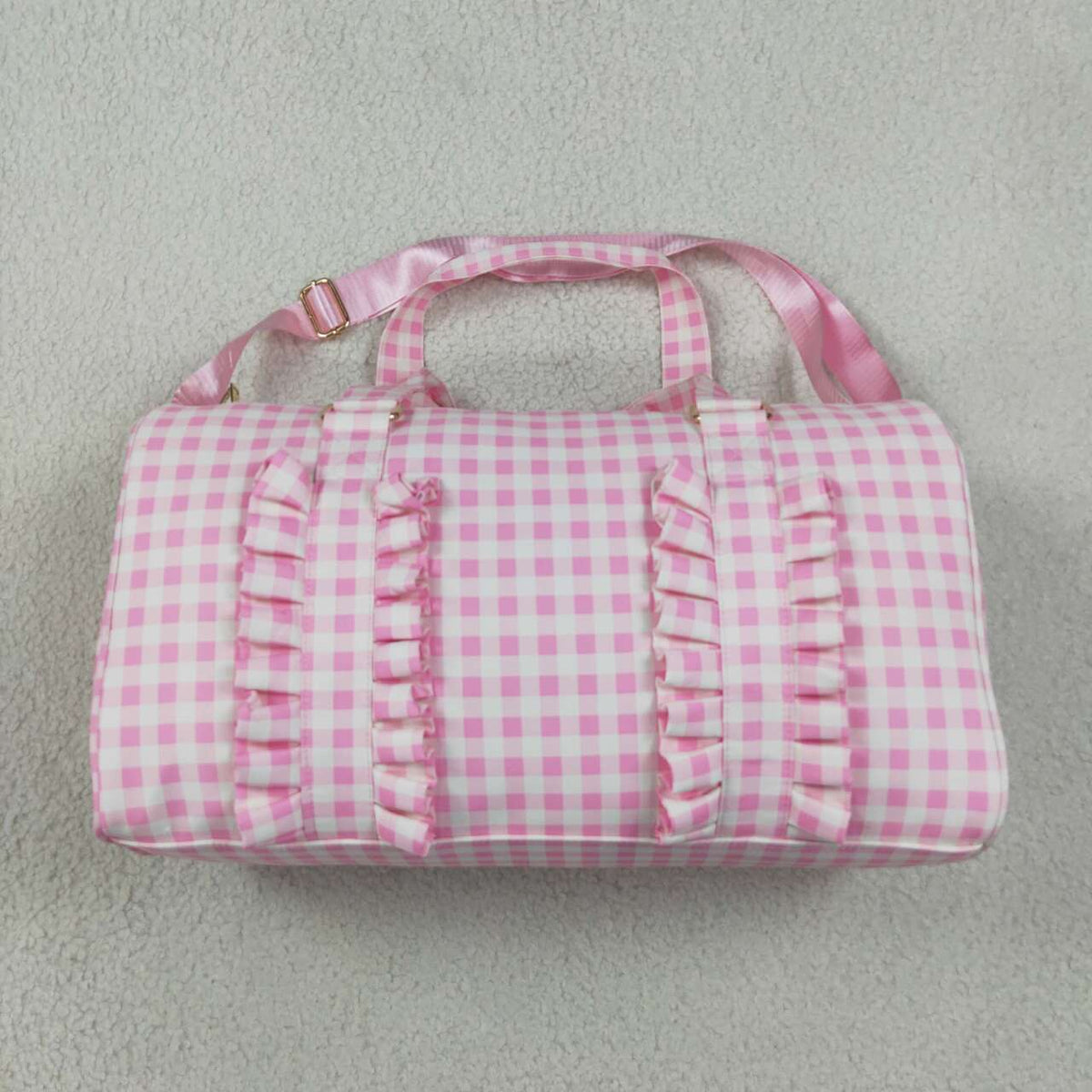 kids pink plaid print duffle bag