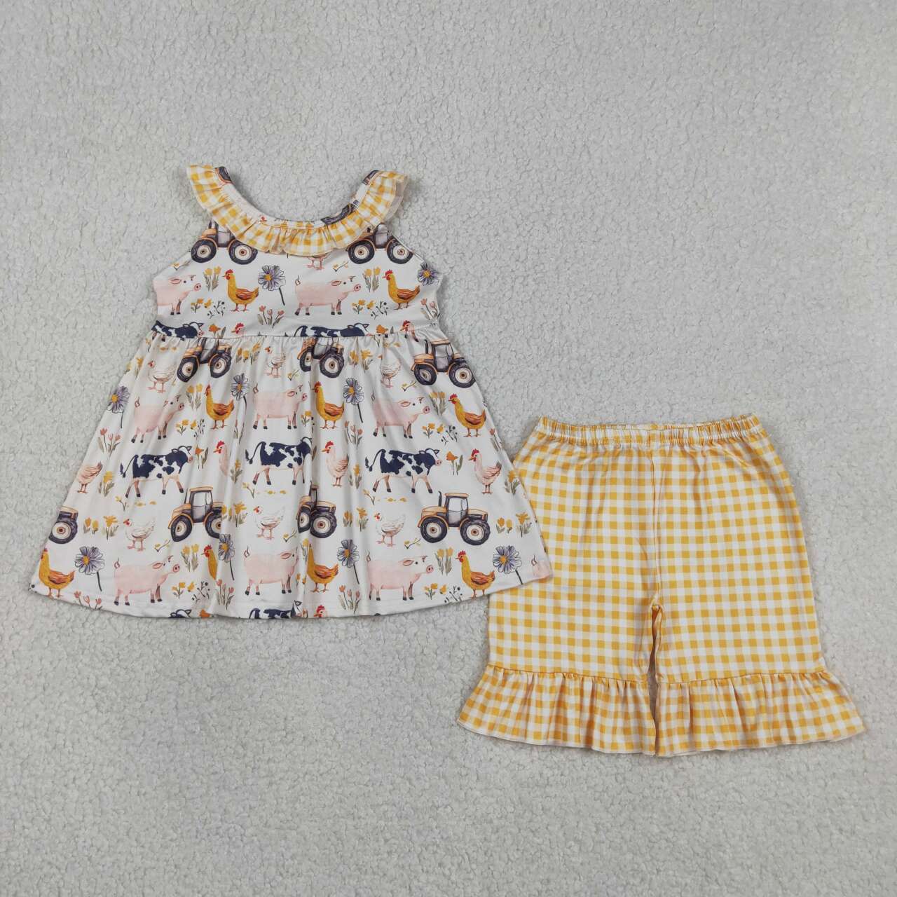 Farm animal tractor top matching shorts girls summer outfit