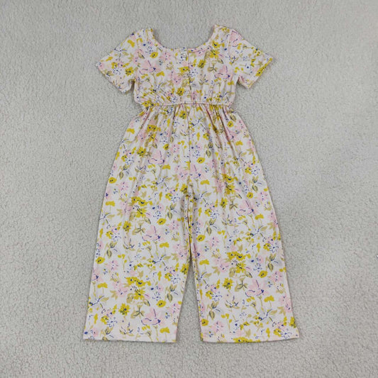 Yellow flowers design girls summer  jumpsuit