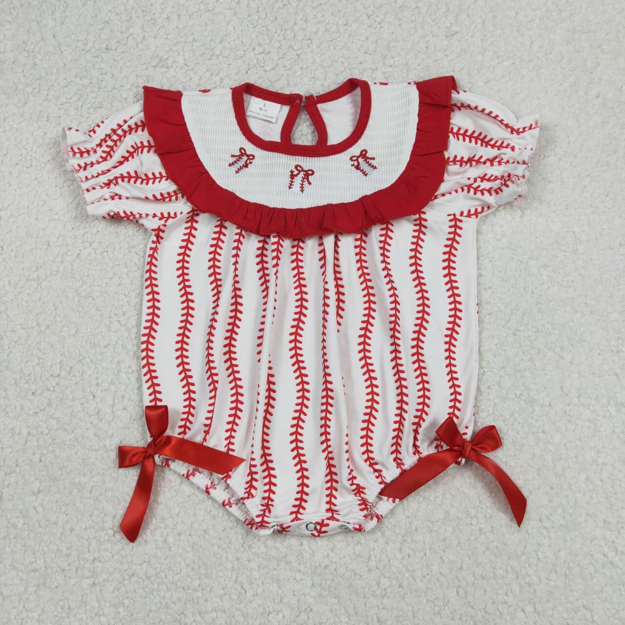 Hot sale baby girl embroidery baseball red bow romper