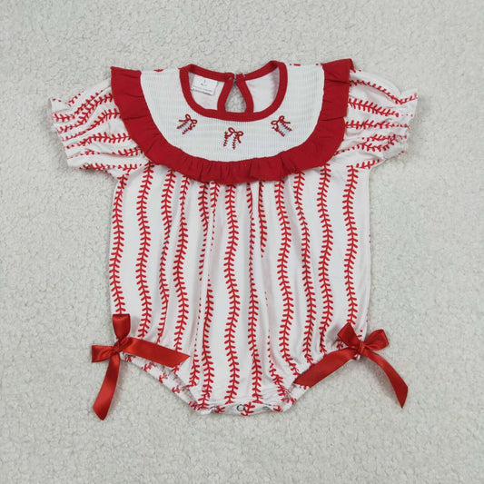 Hot sale baby girl embroidery baseball red bow romper