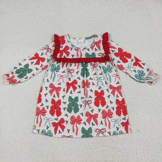 Christmas red green bow girls long sleeve dress