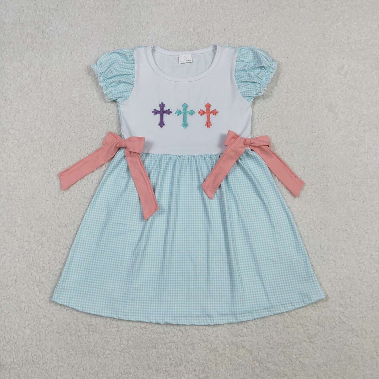 Embroidery Easter cross girls short sleeve dress