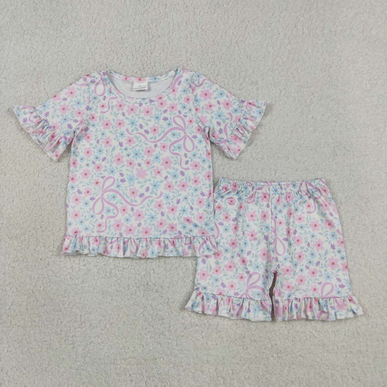 Pink flowers bow top matching shorts girls summer outfit
