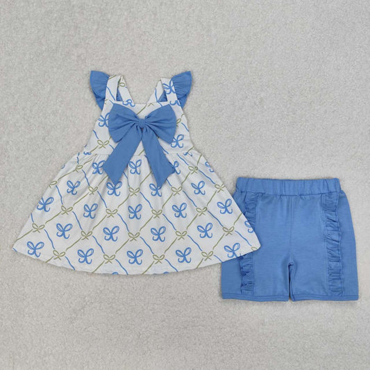 Baby girls blue bow summer matching outfit