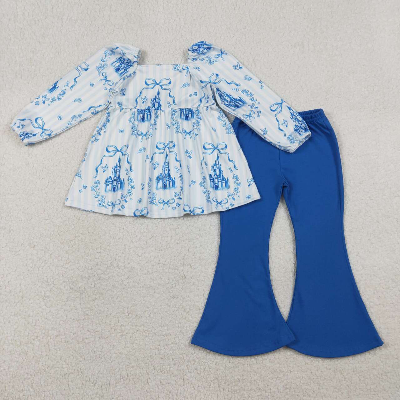 Blue bow castle design kids girls long sleeve outfit