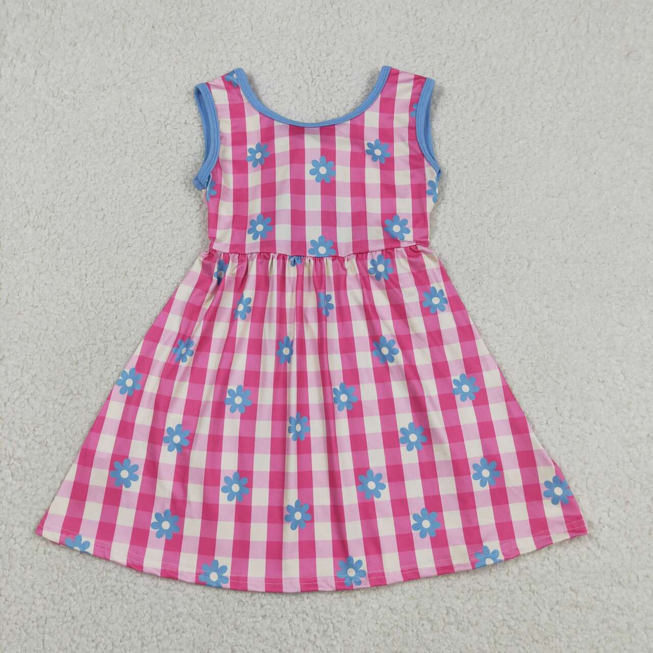 Blue flowers pink plaid girls summer dress