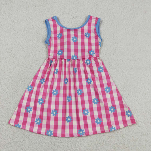 Blue flowers pink plaid girls summer dress