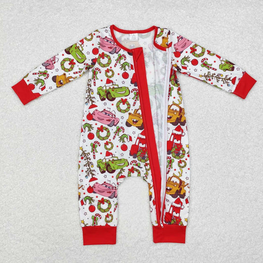 wholesale toddle baby christmas cartoon car green face candy cane bamboo zip romper