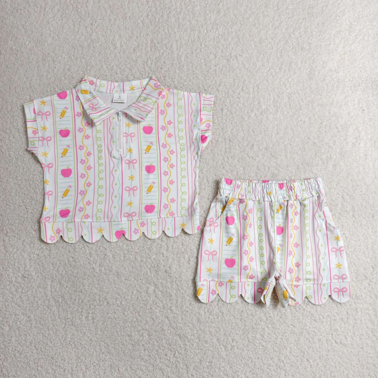 Back to school short sleeve pullover top matching shorts girl summer outfit