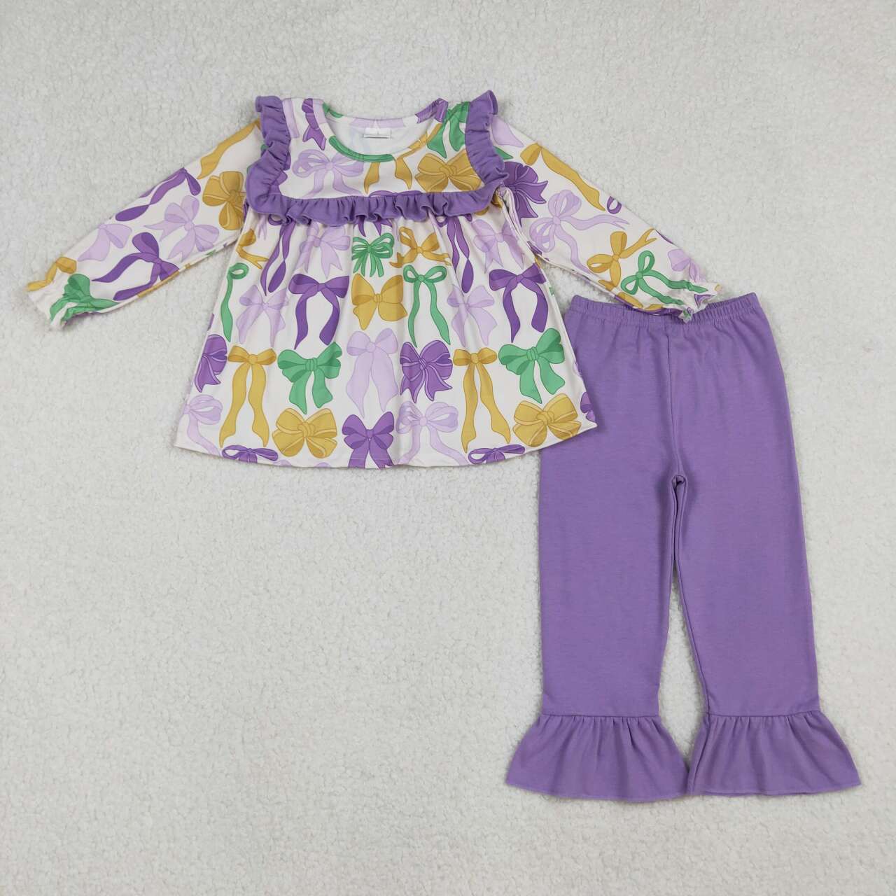 Mardi Gras bow kids long sleeve outfit