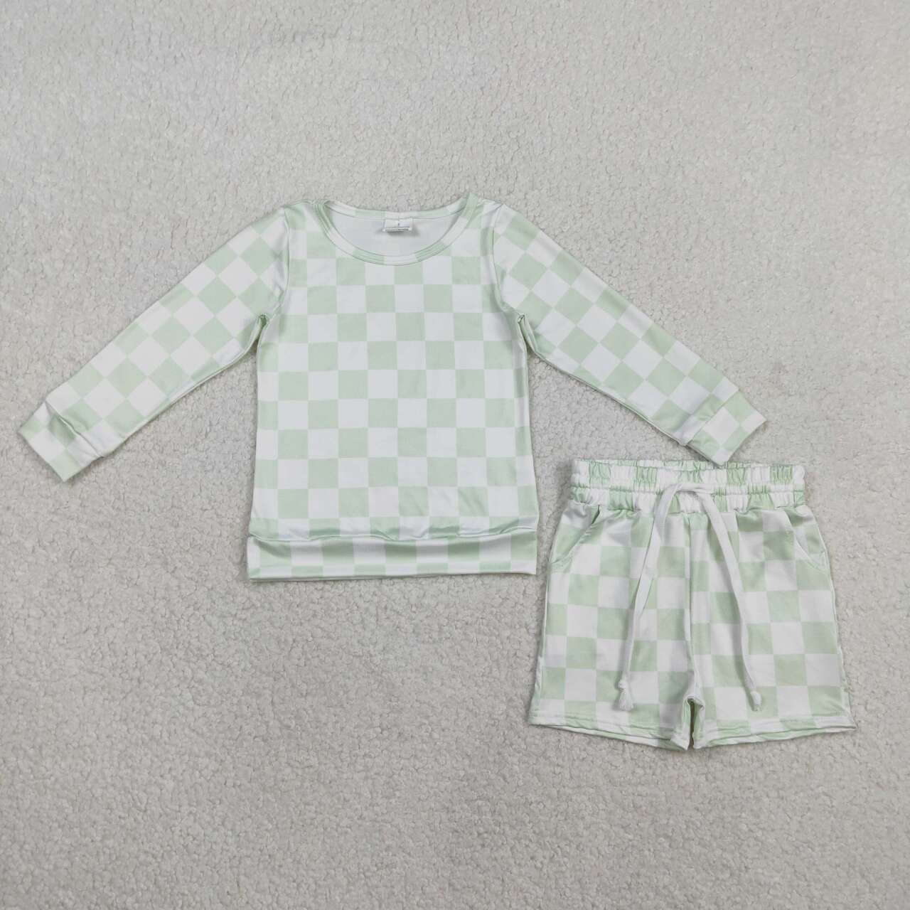 Lt Green plaid long sleeve top matching shorts girls outfit