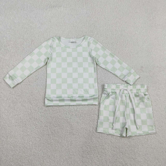 Lt Green plaid long sleeve top matching shorts girls outfit