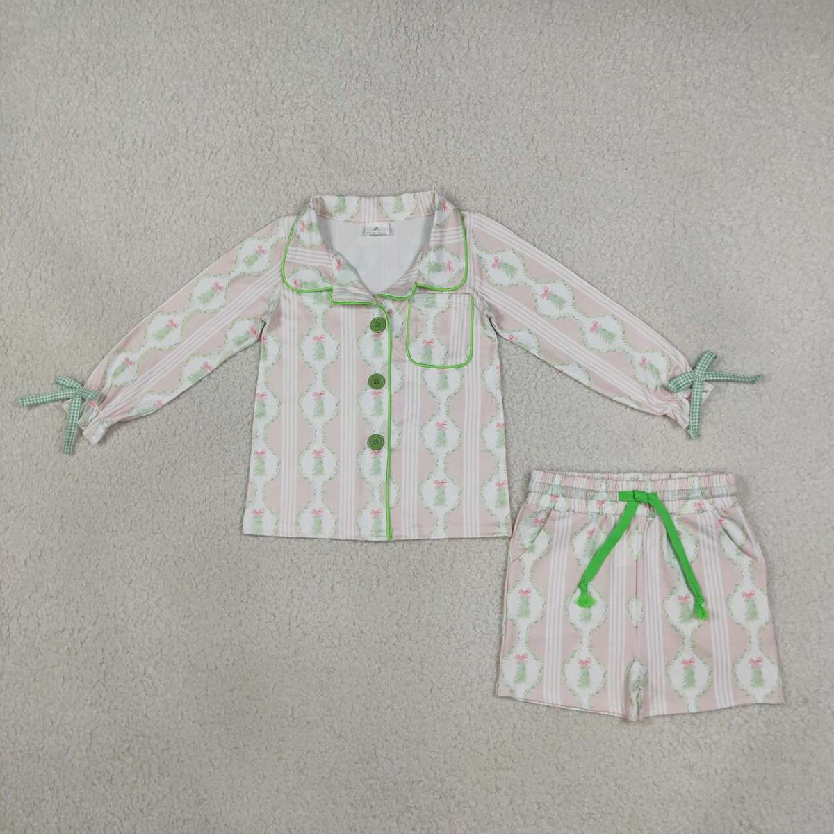 Girls long sleeve Christmas tree top matching shorts pajama set