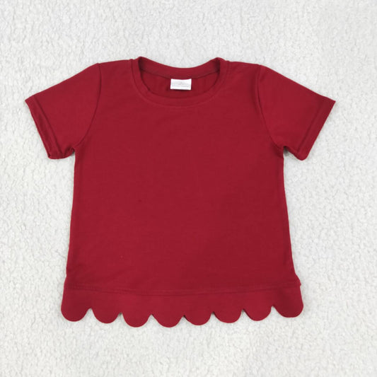 Maroon color kids girls short sleeve scalloped cotton top