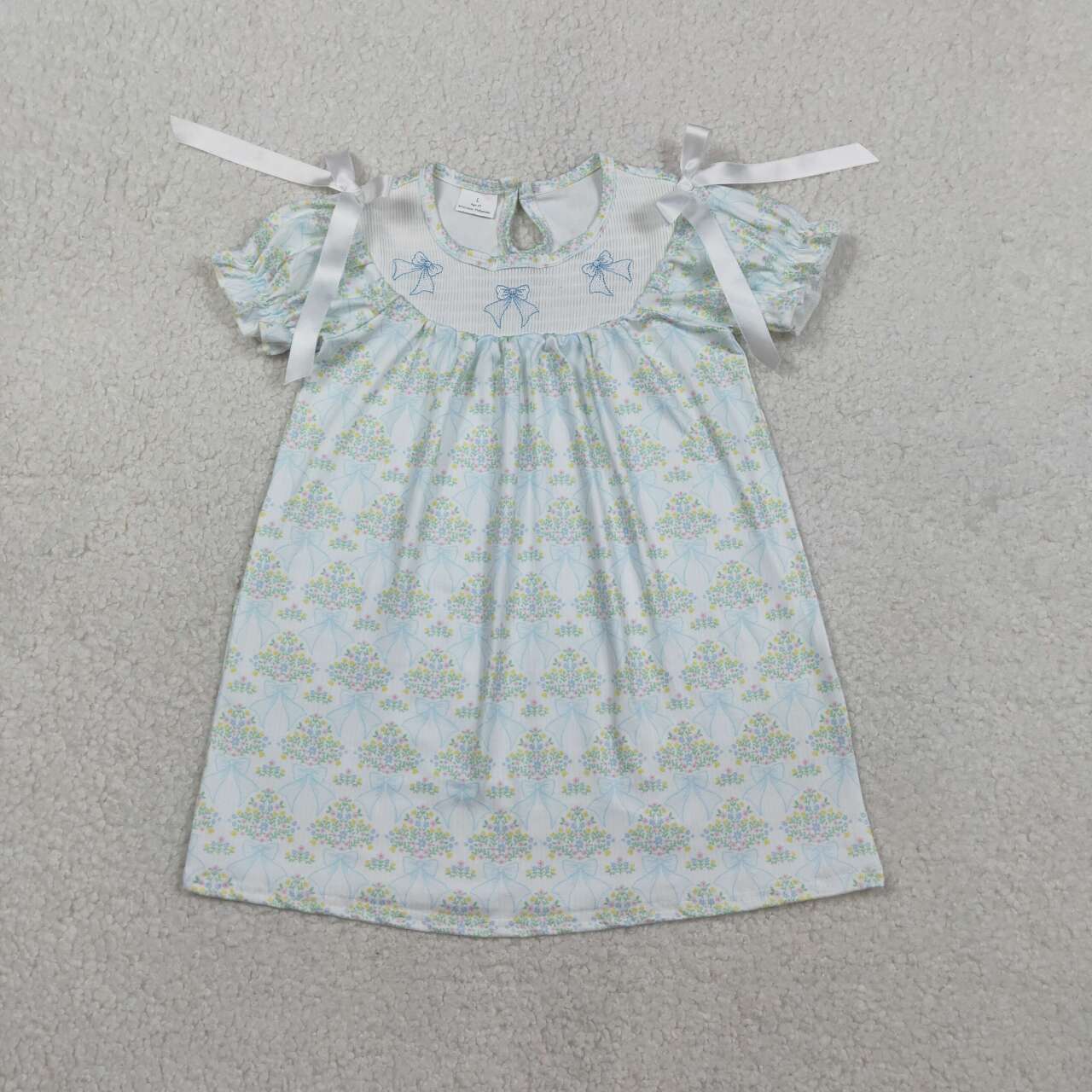 Blue bow floral design baby girls short sleeve smocked dress