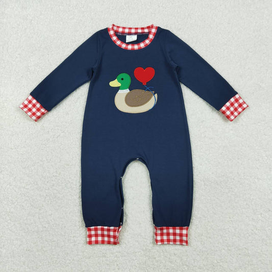 Valentines day embroidery mallard duck toddle baby boy long sleeve romper