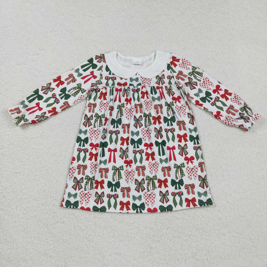 Christmas red  green bow design girls long sleeve dress