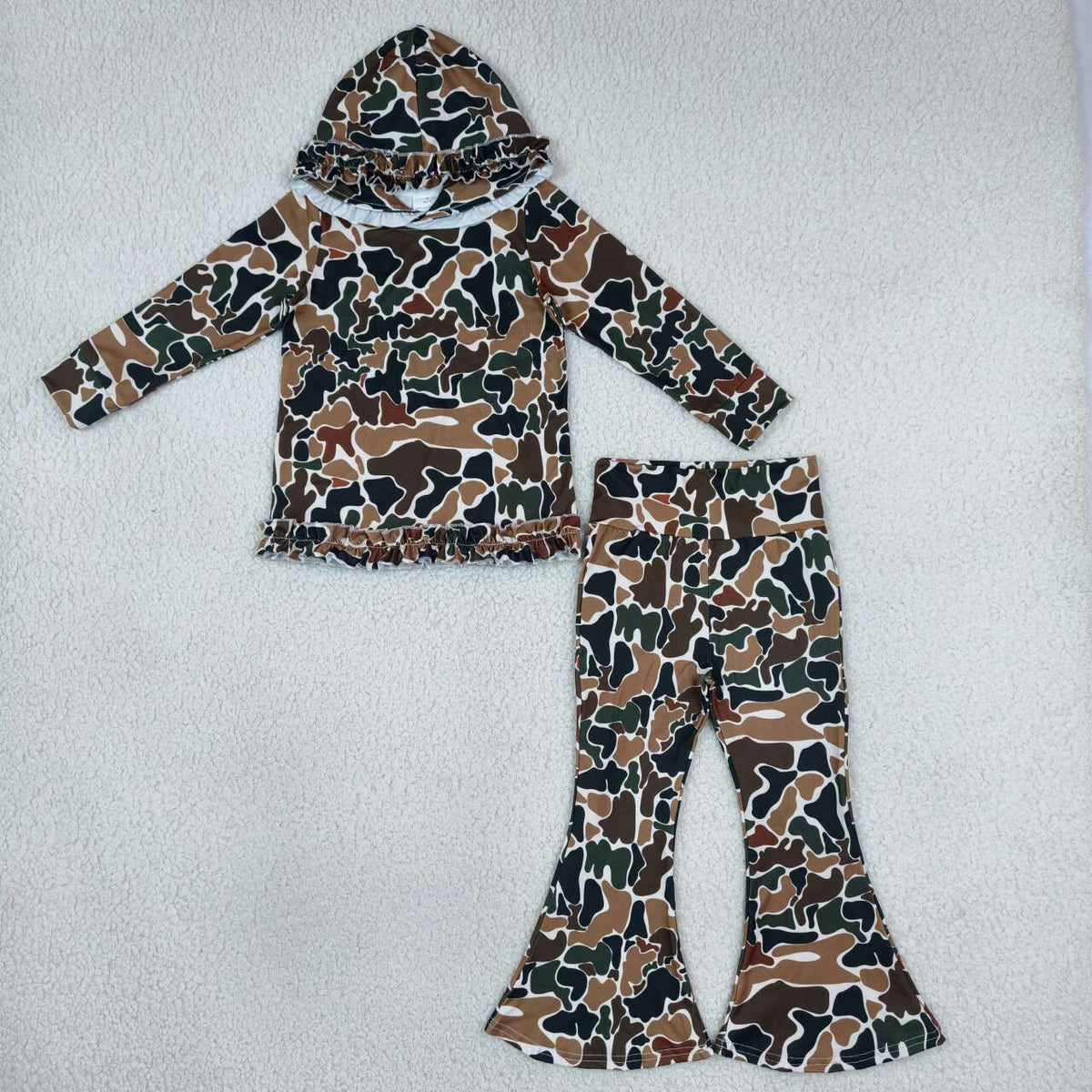 Dark green camo long sleeve top matching pants girls hoodie set