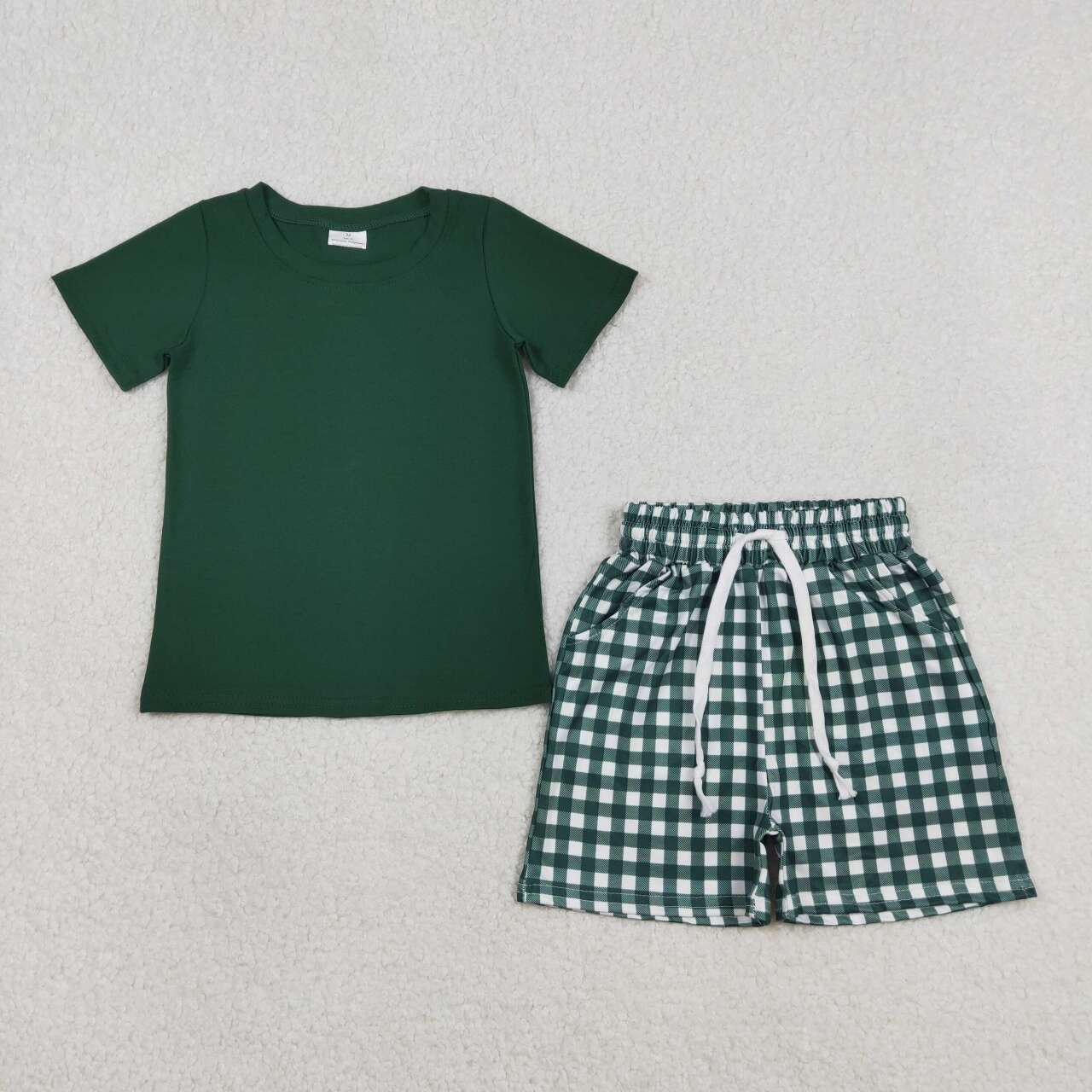 Green top matching plaid shorts boy summer outfit