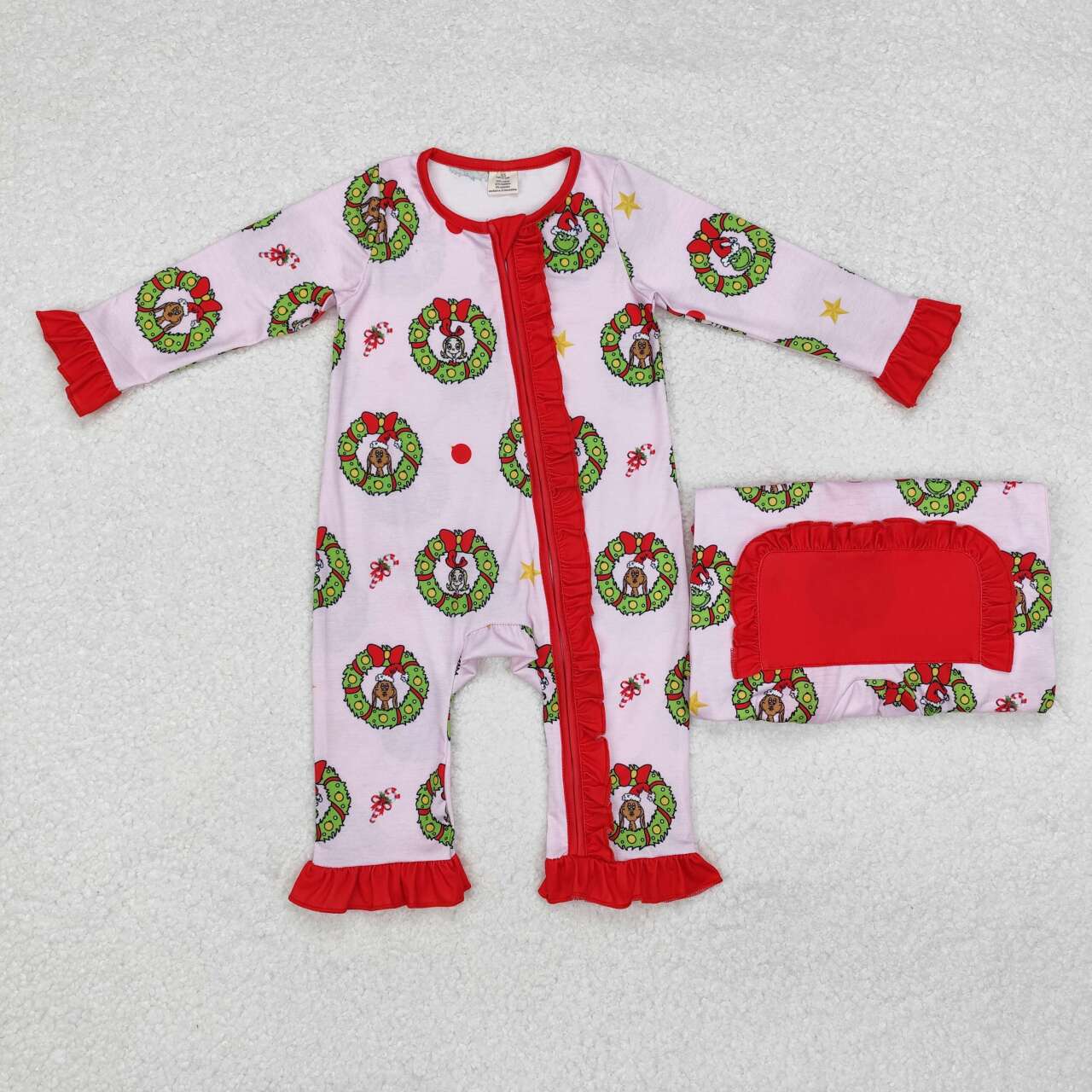 Christmas green face toddle baby girl long sleeve bamboo romper