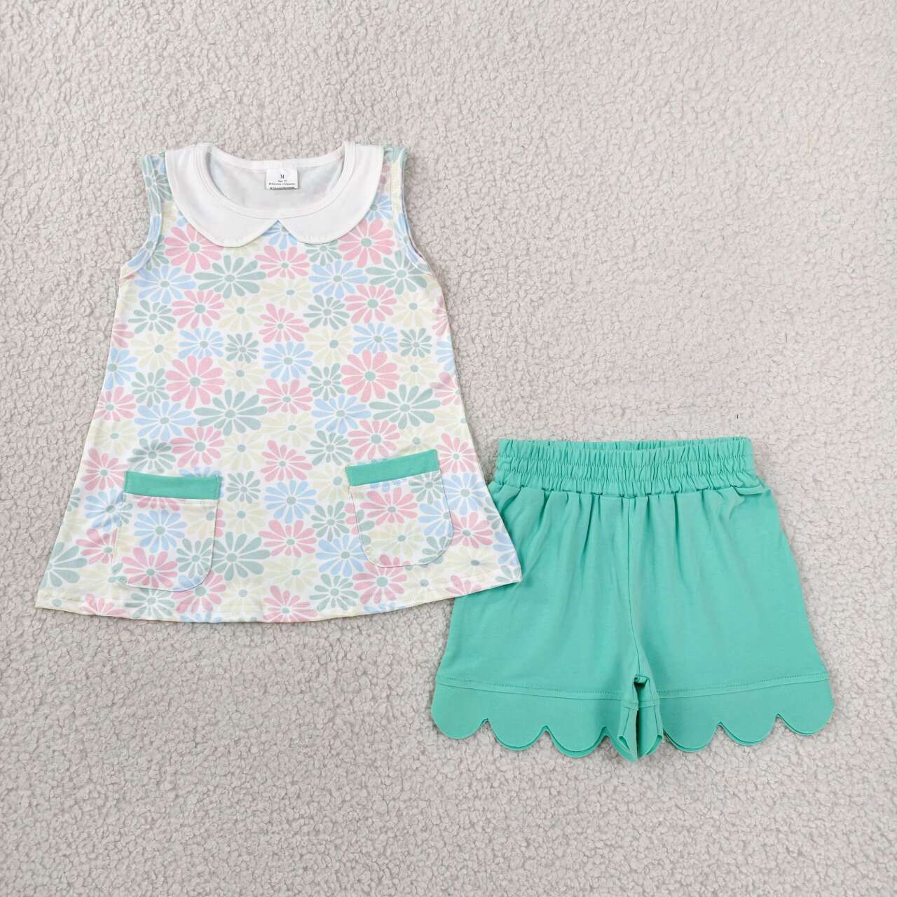 Pink green flowers top matching shorts toddle baby girl outfit