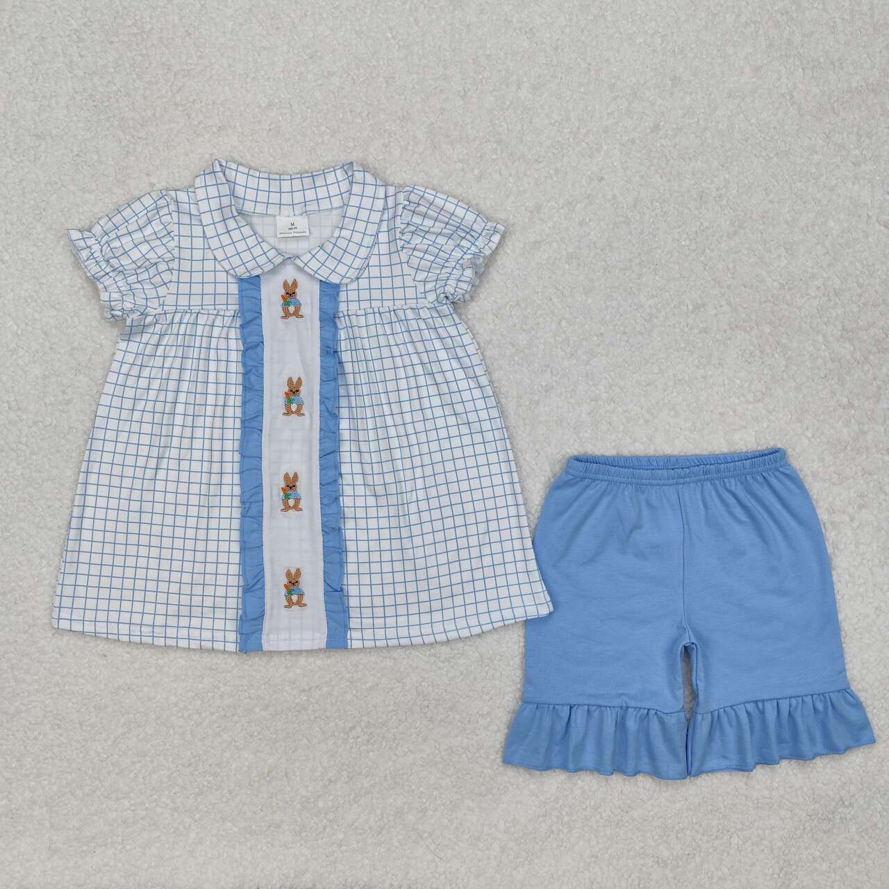 baby girls  Easter embroidery bunny blue plaid outfit