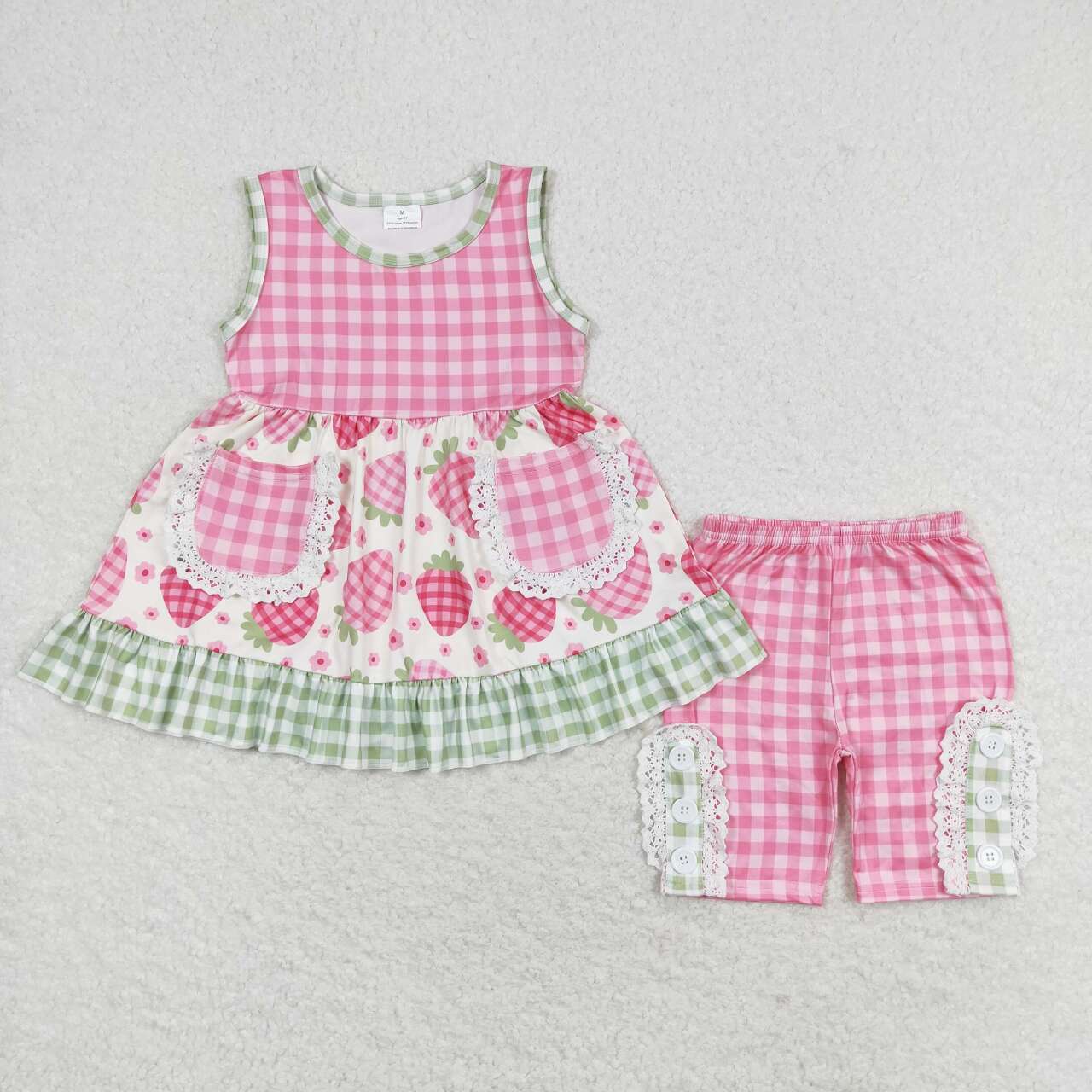 girls pink plaid strawberry clothing set