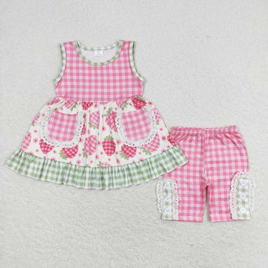 girls pink plaid strawberry clothing set