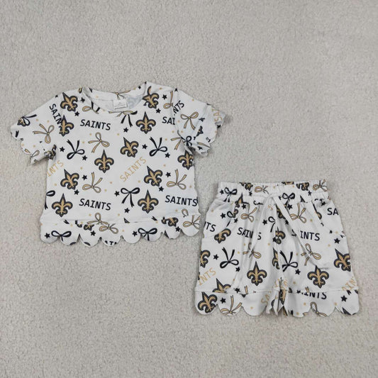 Custom team saint bow print short sleeve top matching shorts girl summer outfit