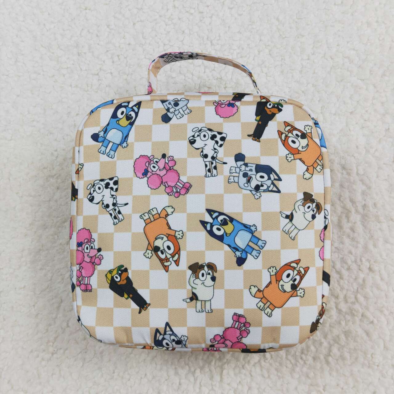 wholesale blue cartoon dog khaki checkered lunch box bag