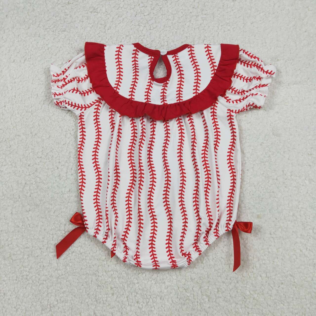 Hot sale baby girl embroidery baseball red bow romper