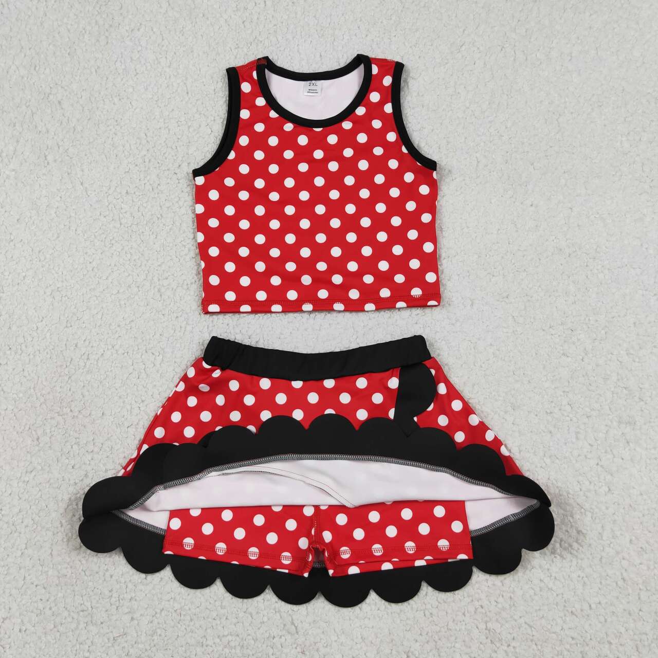 Red polka dots girls summer yoga tank top matching skorts outfit