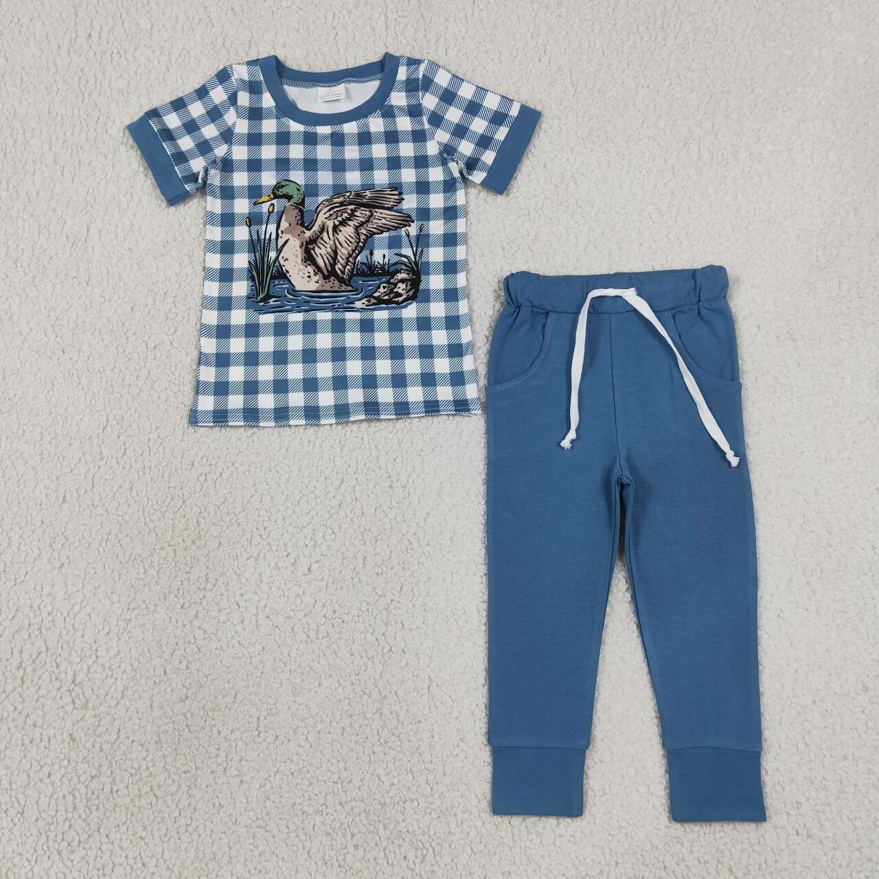 Mallard duck short sleeve blue plaid top matching pants boy outfit