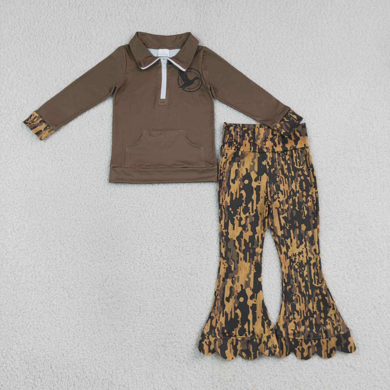 Duck print long sleeve pullover top matching pants girls fall outfit