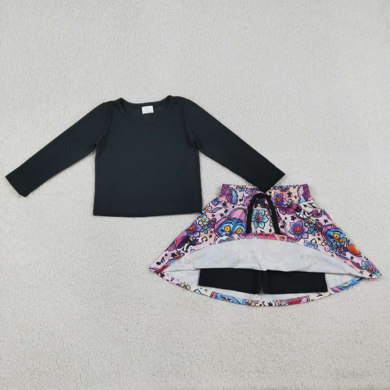 Black long sleeve kpop top matching skirt baby girl outfit