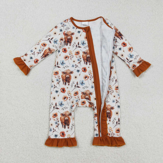 Cowgirl highland cow floral long sleeve romper
