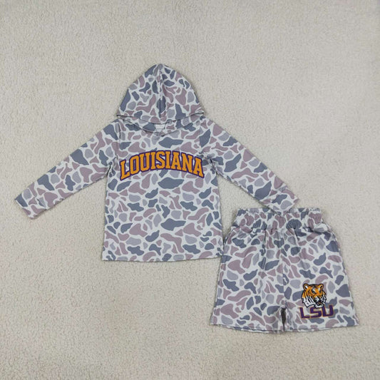 Boys long sleeve louisiana camo hoodie top matching shorts outfit