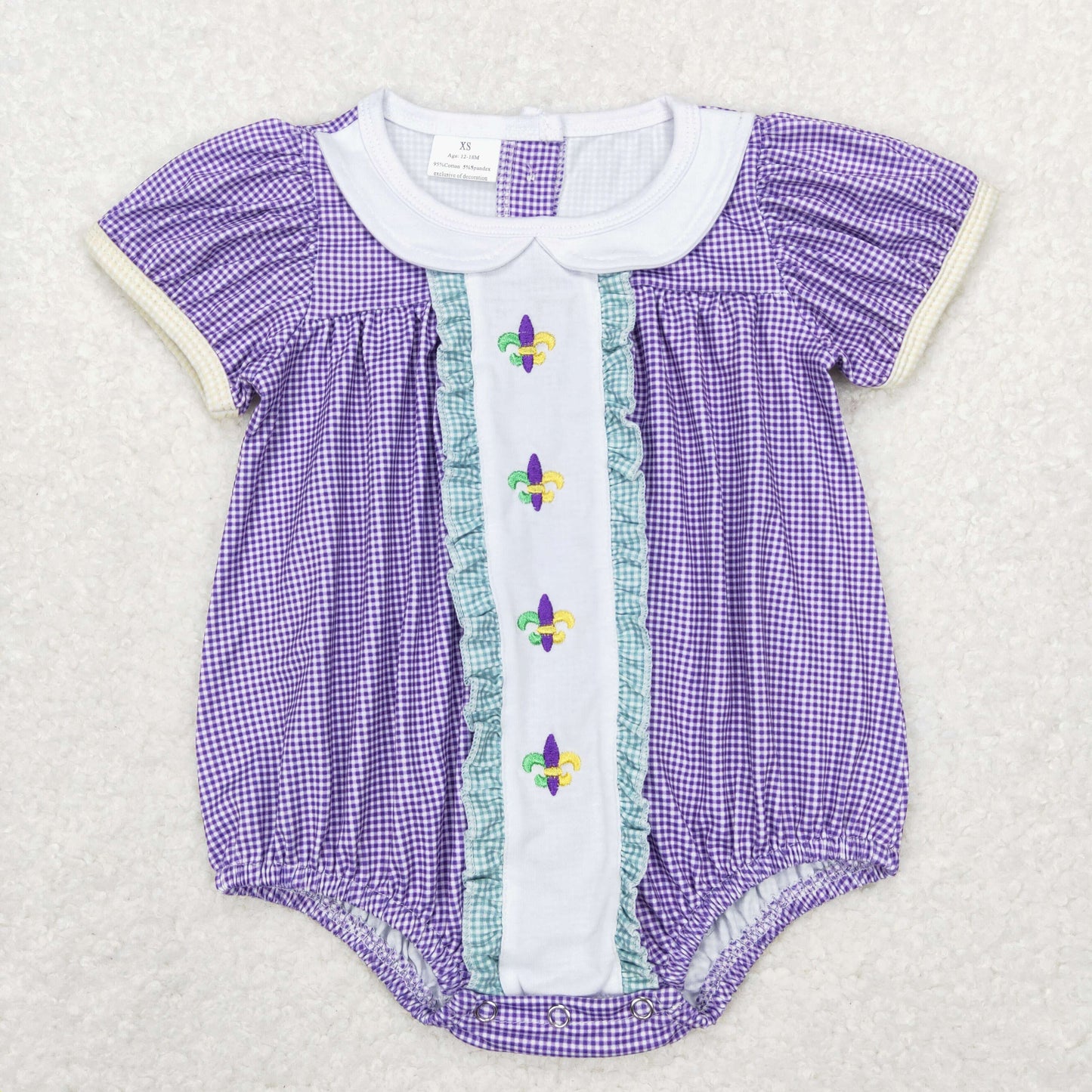 Toddle girls embroidery Mardi Gras purple romper