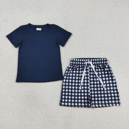 Navy top matching plaid shorts boy summer outfit