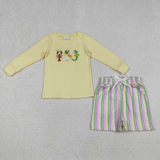 Mardi Gras embroidery shirt matching shorts boys summer outfit
