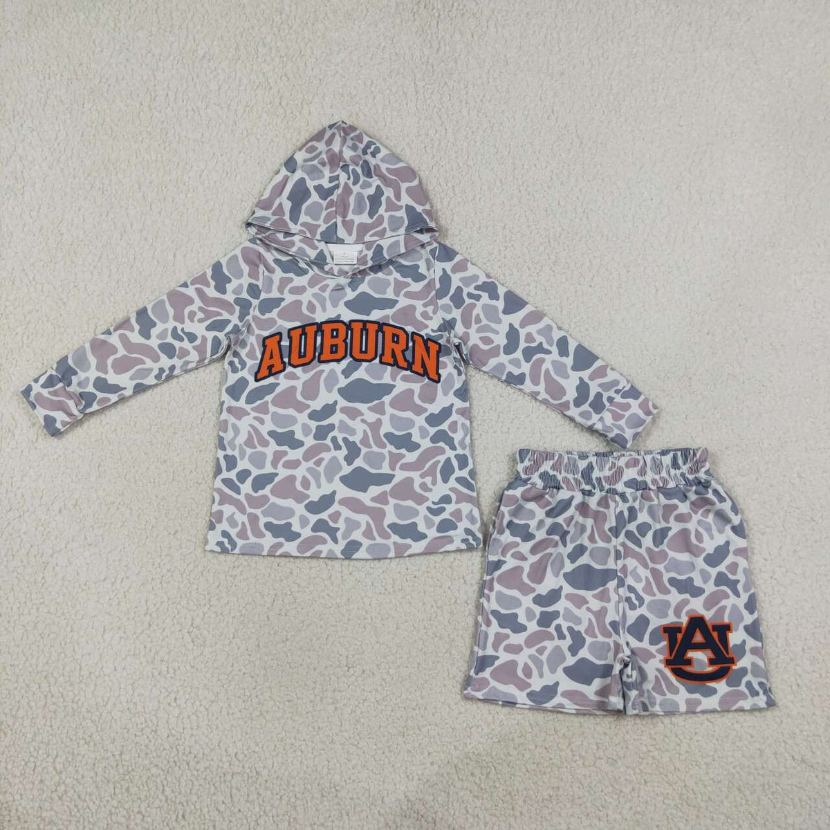 Boys long sleeve auburn camo hoodie top matching shorts outfit