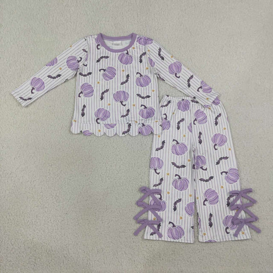 Halloween bat lavender pumpkins long sleeve top matching pants girls outfit