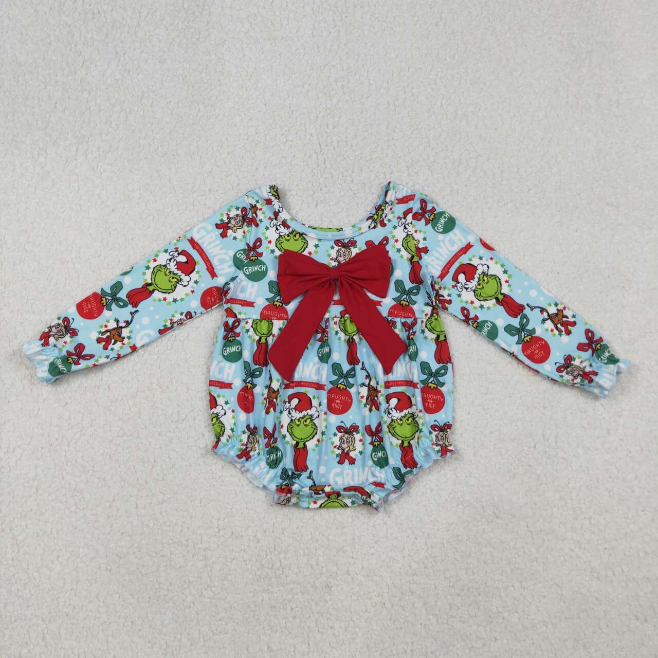 Christmas green face bow design toddle girls romper