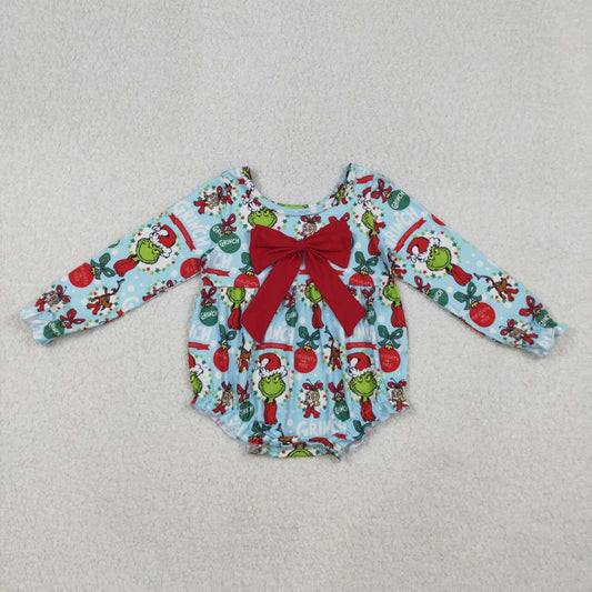 Christmas green face bow design toddle girls romper