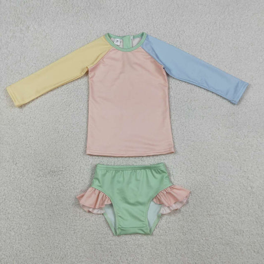 Blue yellow pink color baby two pieces bathing suit kids