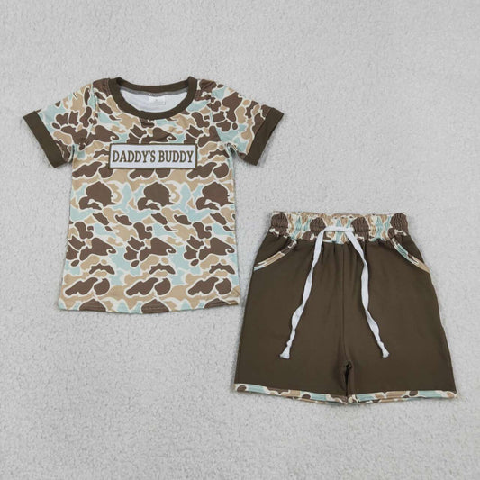 Embroidery Daddys buddy green brown camo top matching shorts boy summer outfit