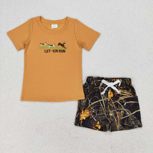 embroidery reindeer dog boy camo hunting short set